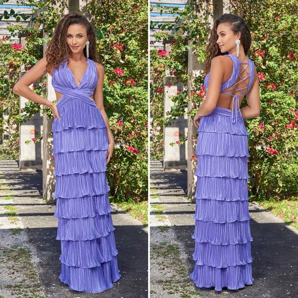 Lulus Beauty Icon Lavender Satin Pleated Tiered Lace-Up Maxi Dress Size M - Picture 12 of 12